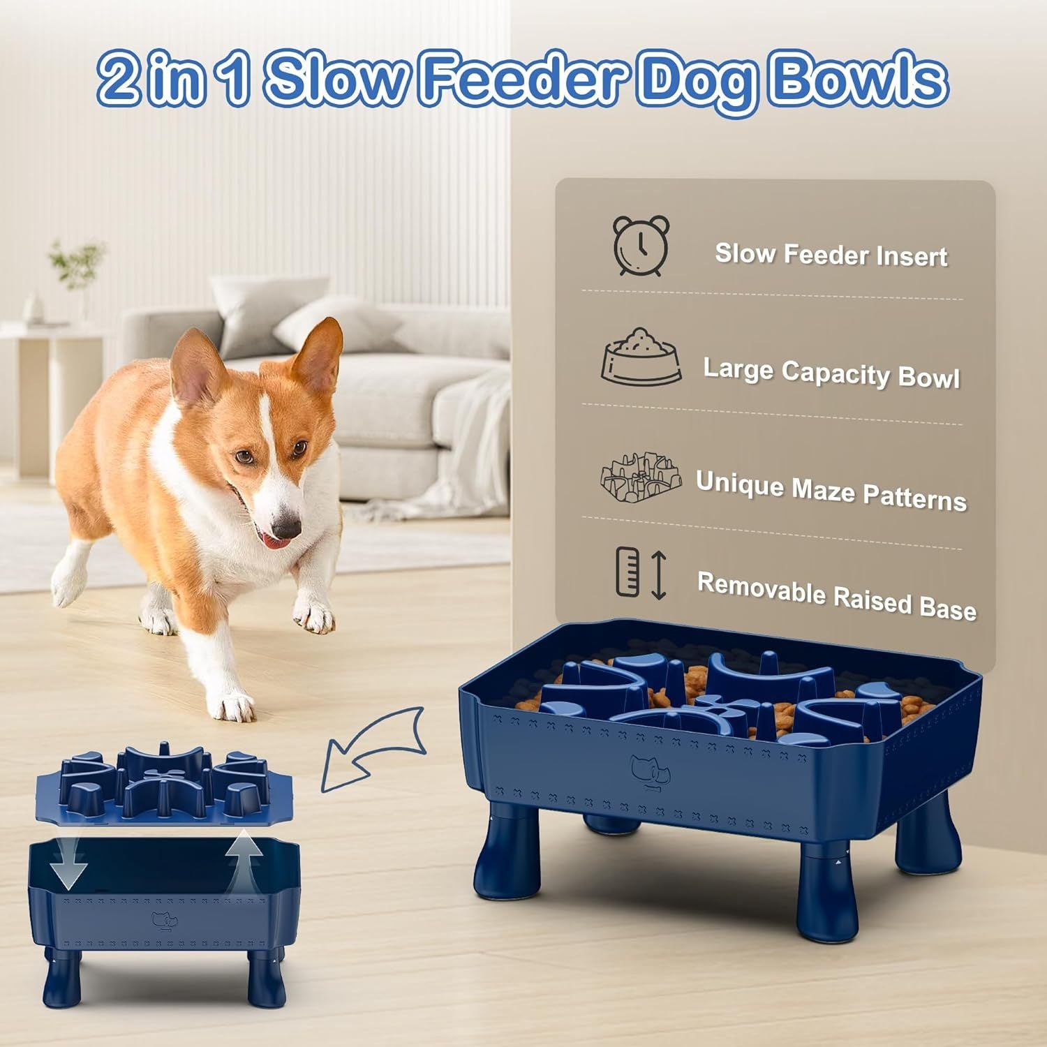 Slow Feeder Dog Bowls, 2 in 1 Dog Puzzle Slow Feeder for Large Breed, Maze Elevated Dog Food Bowl Anti-Choking Interactive Dog Feeding Bowls Slow Down Eating for Boredom&amp; Anxiety Blue
